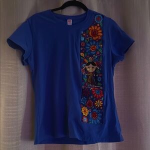 NWOT. Blue T-Shirt with Colorful Floral Embroidery